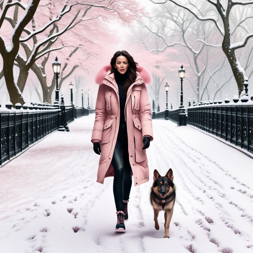 Woman Walking Dog in Snowy Central Park