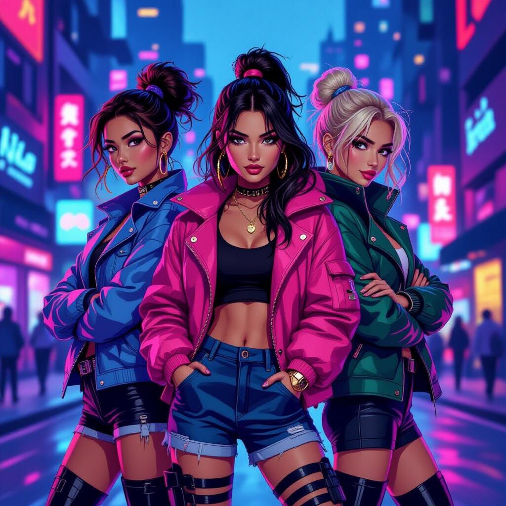 Trendy Friends in Neon Cityscape Illustration