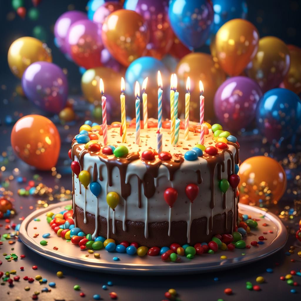 Festive 3D Birthday Cake with Balloons