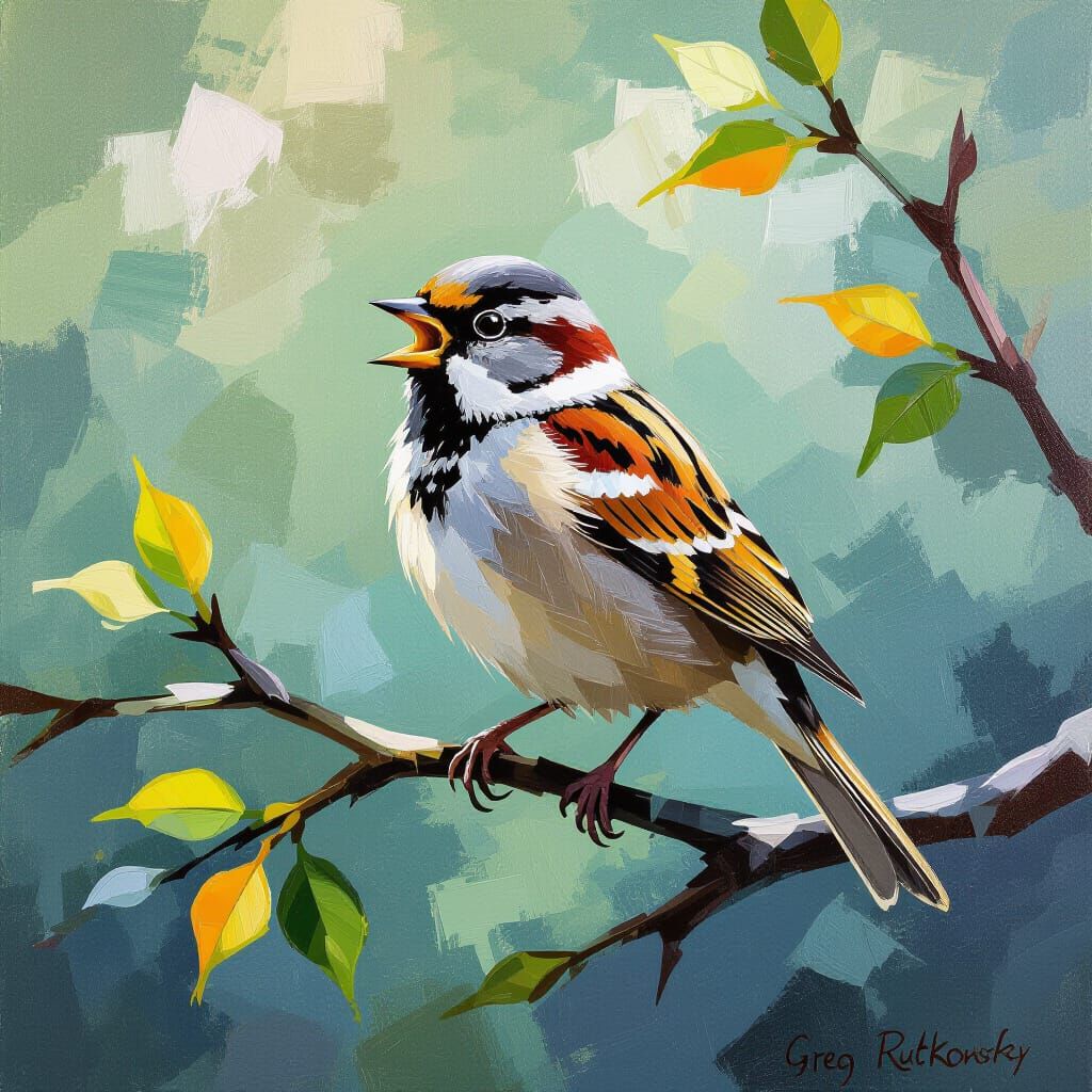 Sparrow Singing on Branch in Monet Style