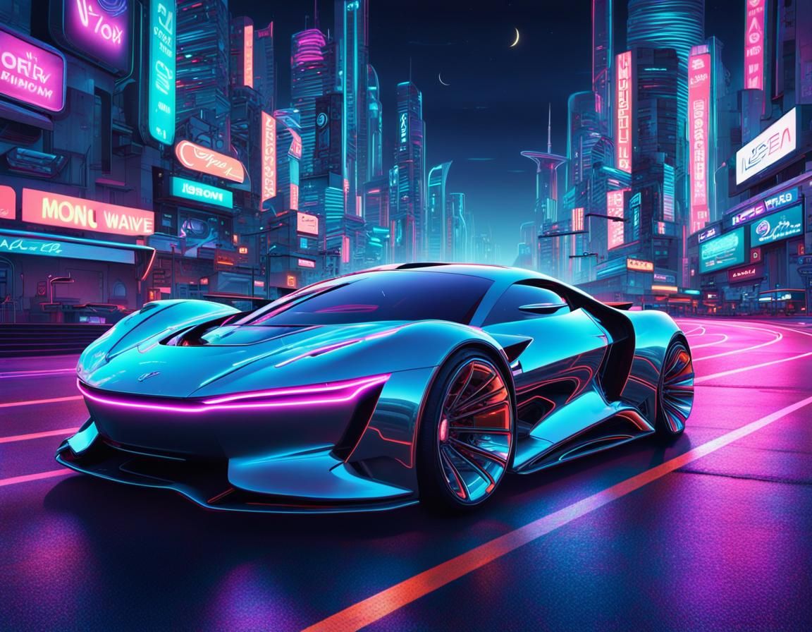 Futuristic Neon Cityscape with Highway and Car