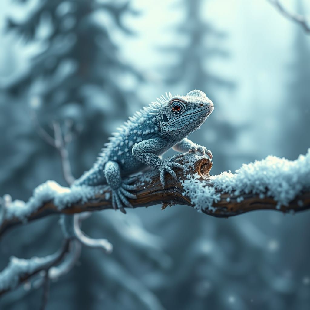 Winter Wonderland Lizard in Frosty Woodland