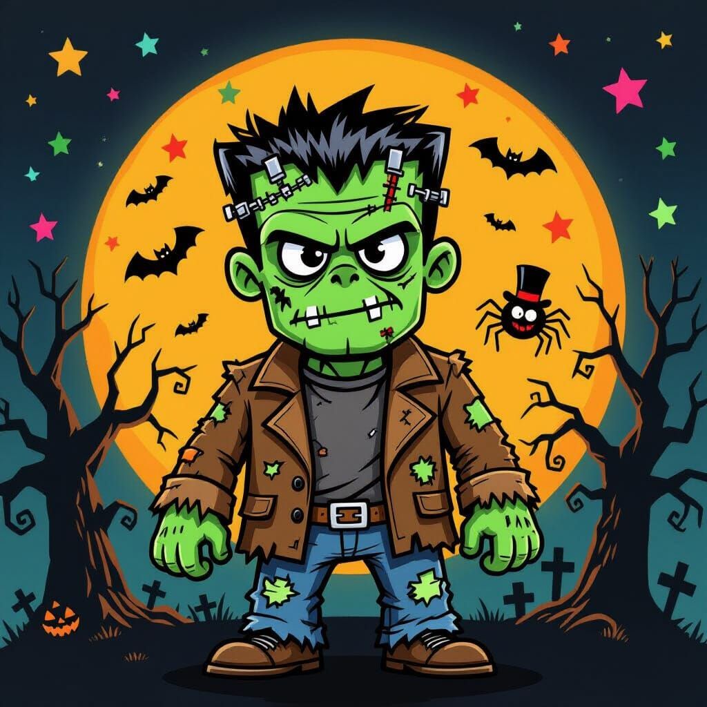 Cartoon Frankenstein Monster Under Full Moon