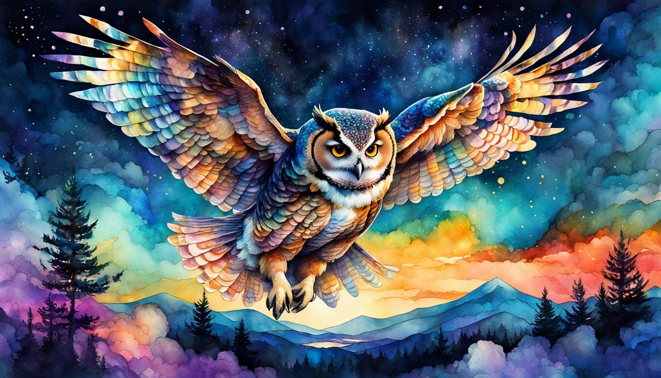Owl in Dusk Sky Watercolor & Alcohol Ink Illustration