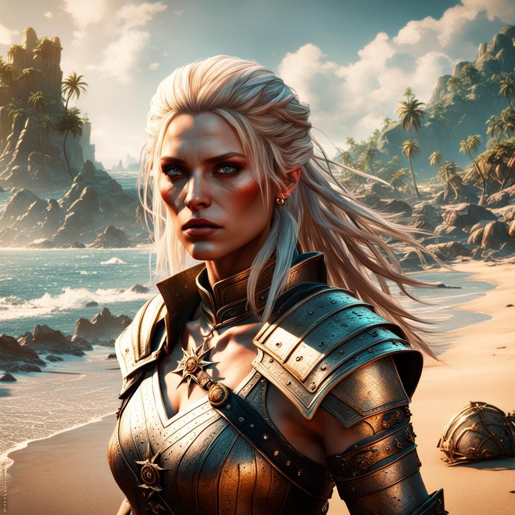 Fantasy Witcher Blonde on a Beach, Detailed Art