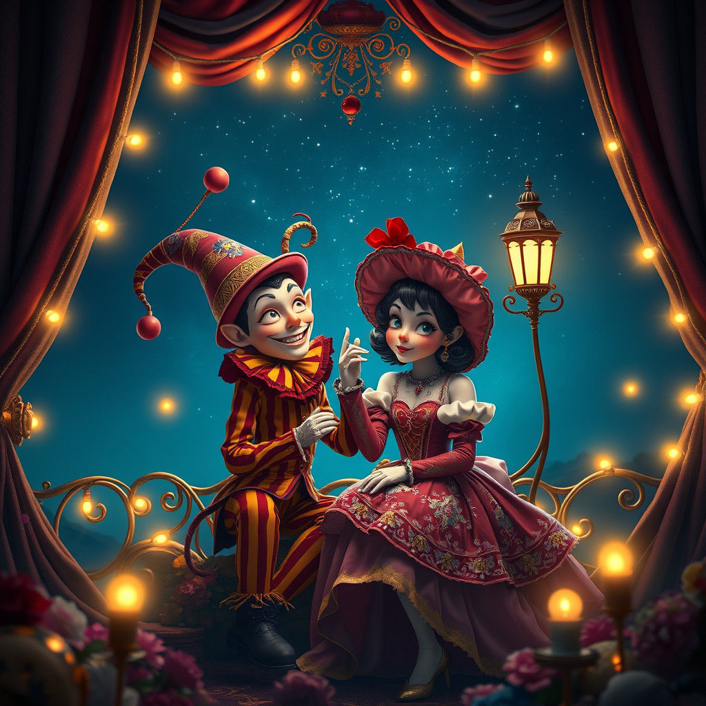 Dreamlike Pantomime Scene with Pierrot and Columbine