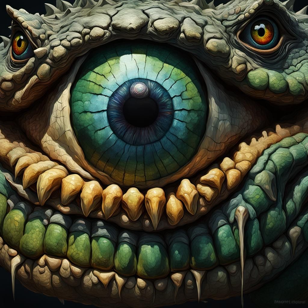 Grotesque Eyeball Crocodile Head in Impasto Style