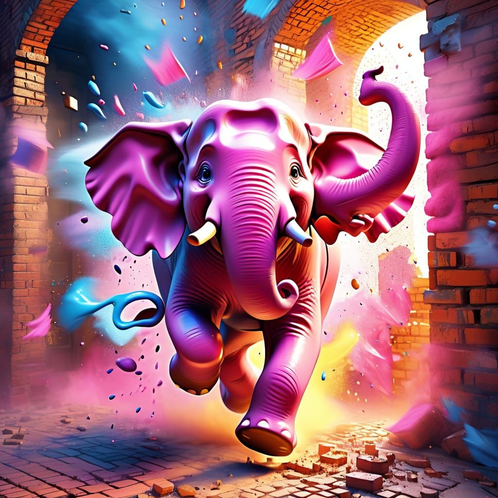 Pink Elephant Bursting Through Wall in Whimsical Art