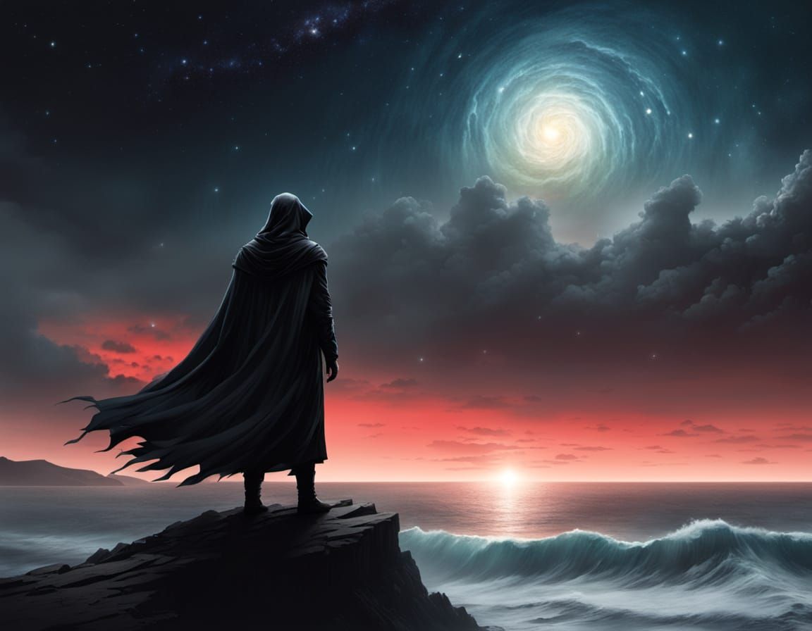 Mysterious Figure on Windswept Cliff Overlooking Starry Ocea...