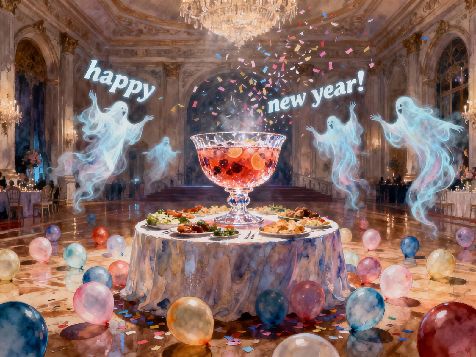 New Year's Eve Ballroom Scene with Ghosts and Punch