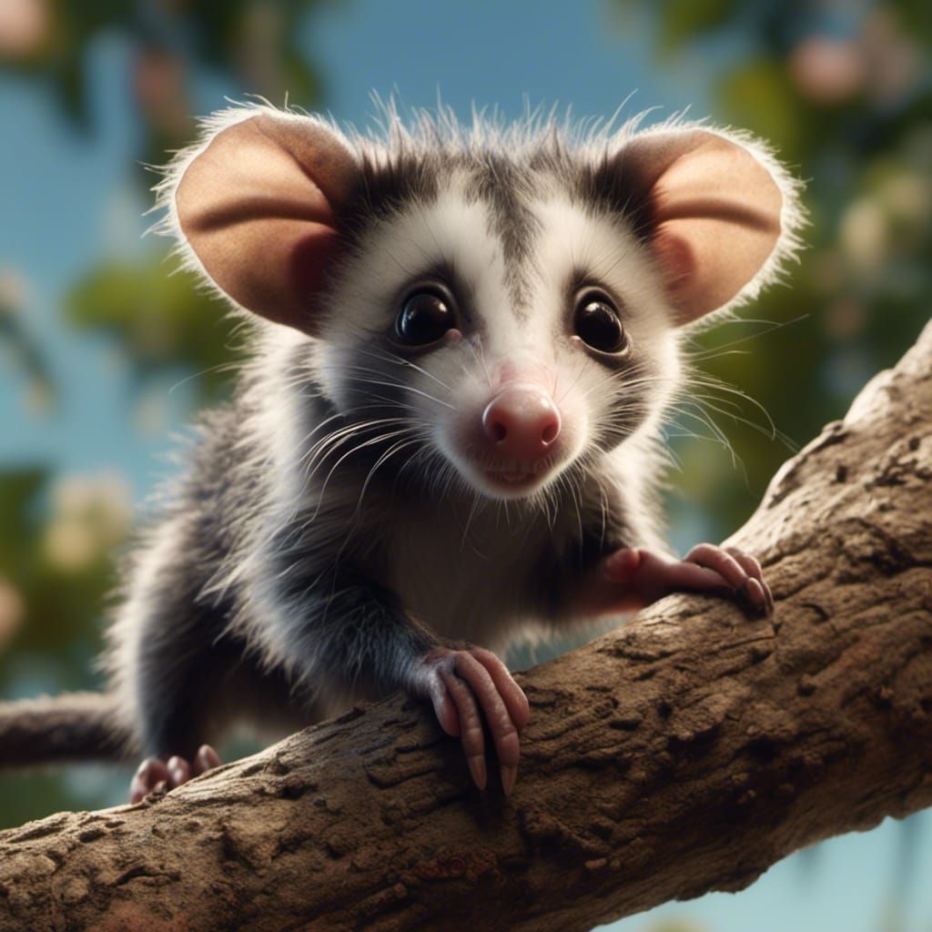 Baby Opossum Hanging from Tree Branch in Hyperrealistic Styl...