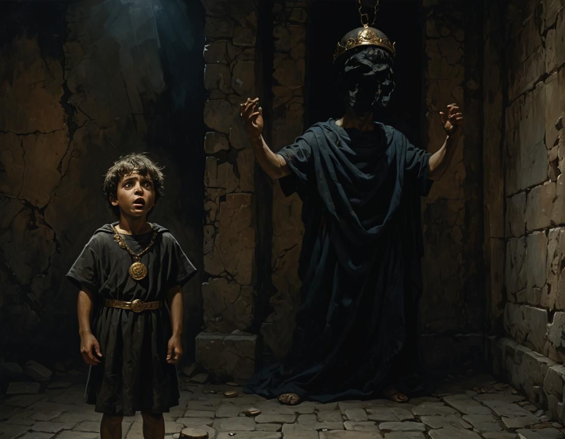 Terrified Child Stares at Corpse in Shadowy Grotto