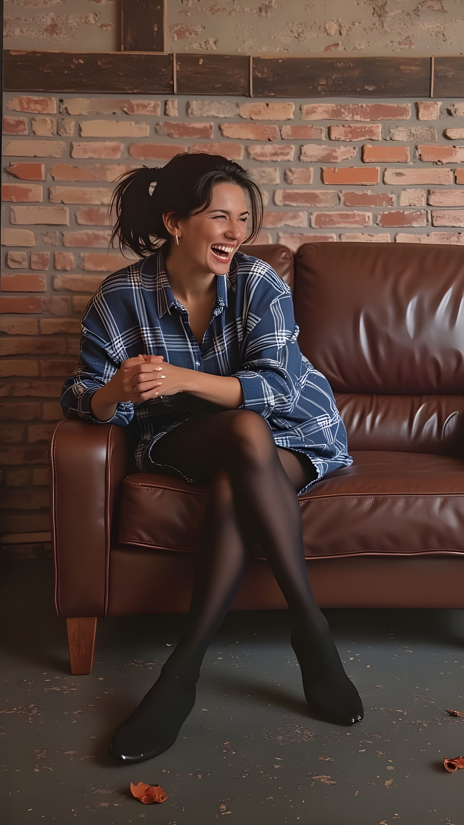 Woman in Flannel Shirt Laughs on Sofa in Cozy Family Room