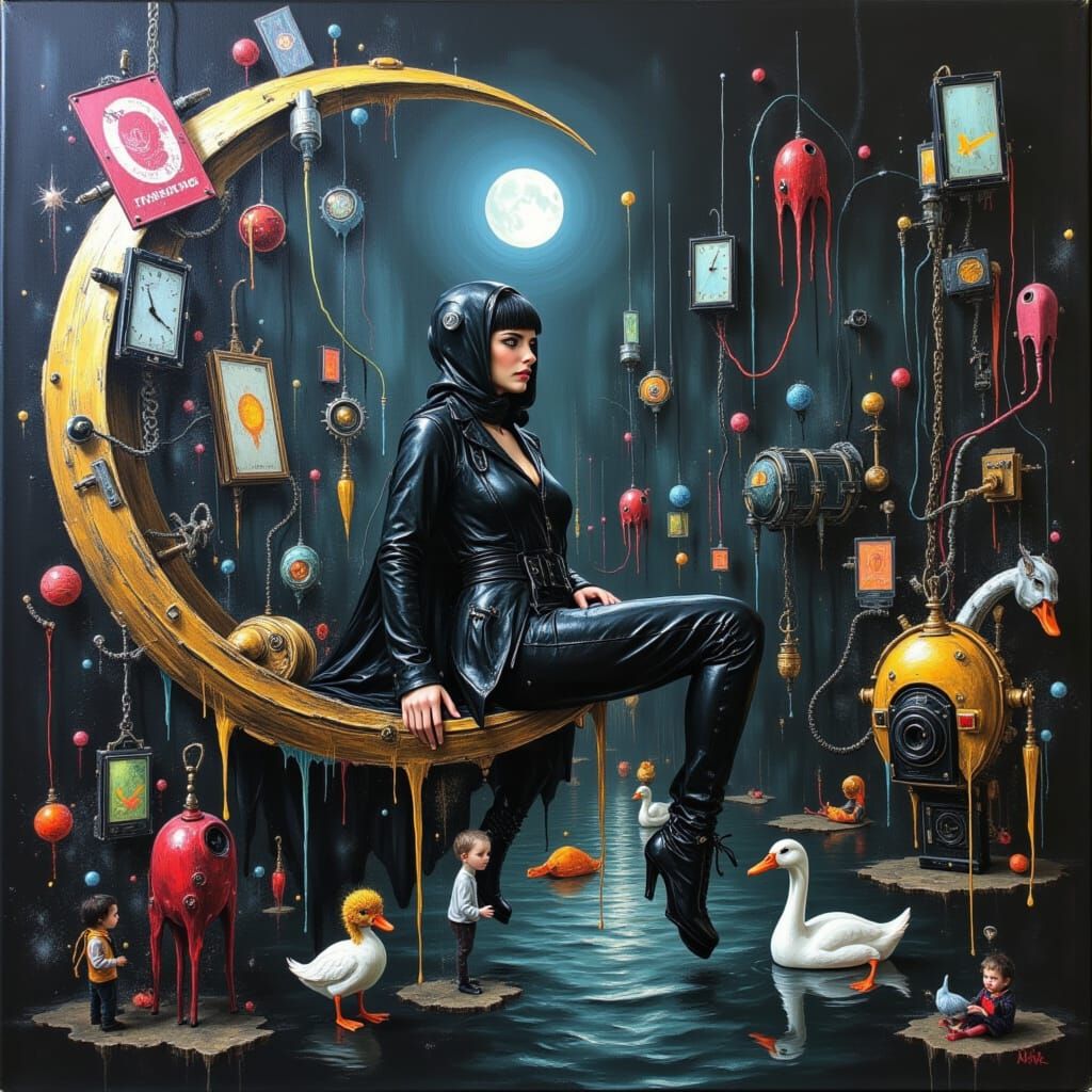 Cyberpunk Woman on Crescent Moon with Clockwork Beasts