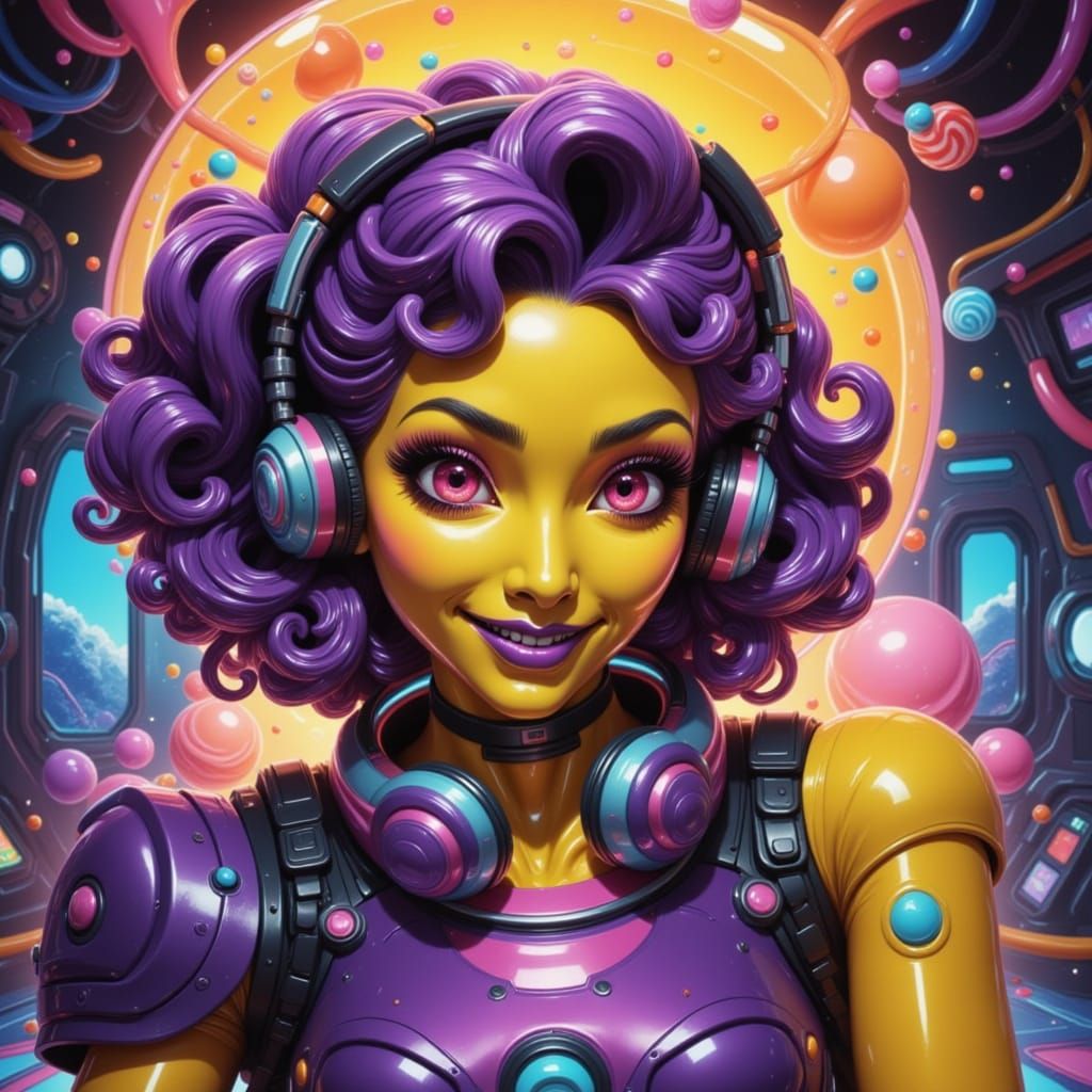 Glamorous Cyberpunk Candy Pop Idol in Retrofuturistic Armor