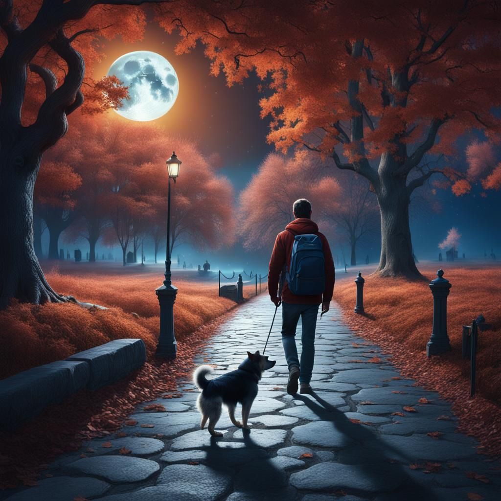 Dog Walk Under Moonlight: Digital Matte Painting