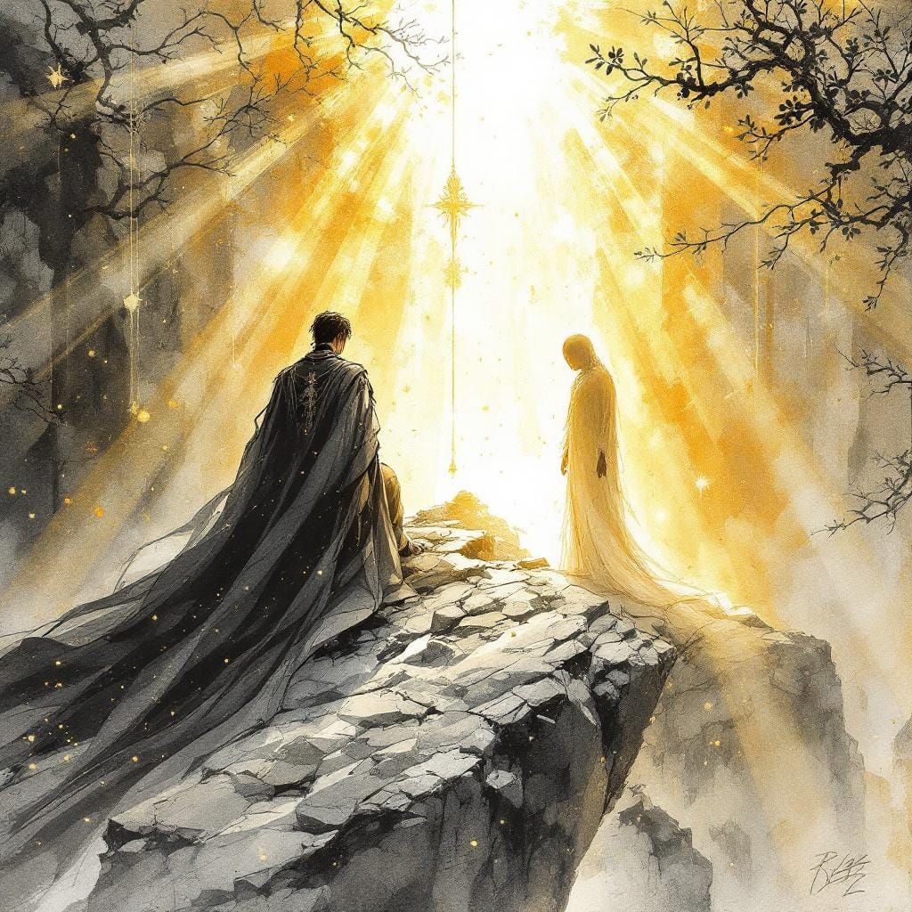 Ethereal Specter in Golden Rays: Edo Period Ink Drawing