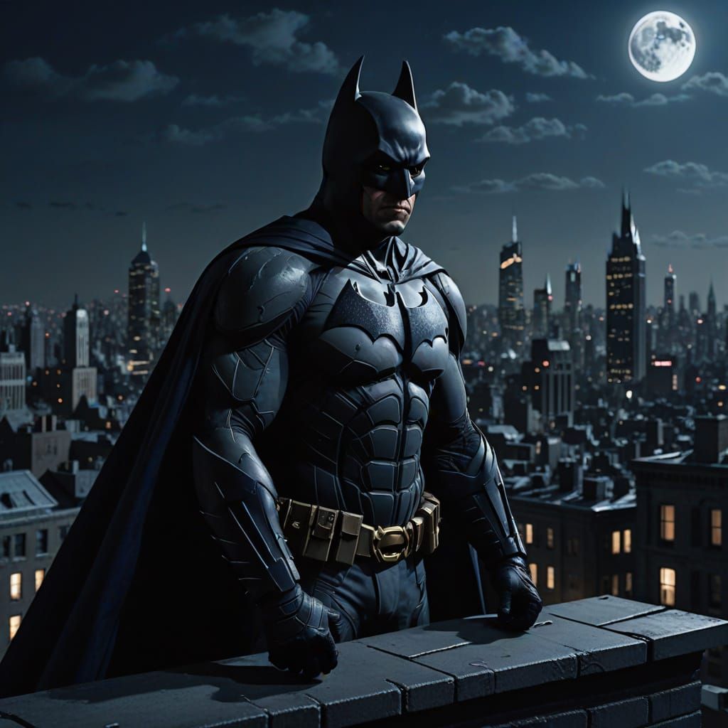 Batman on Rooftop at Night, Hyper-Realistic Digital Art