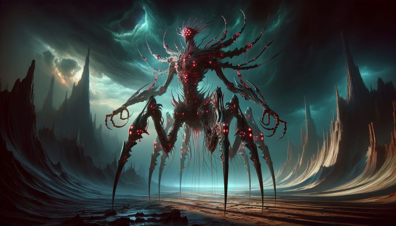Surreal, Nightmarish Eldrazi Creature in Dark Fantasy Landsc...