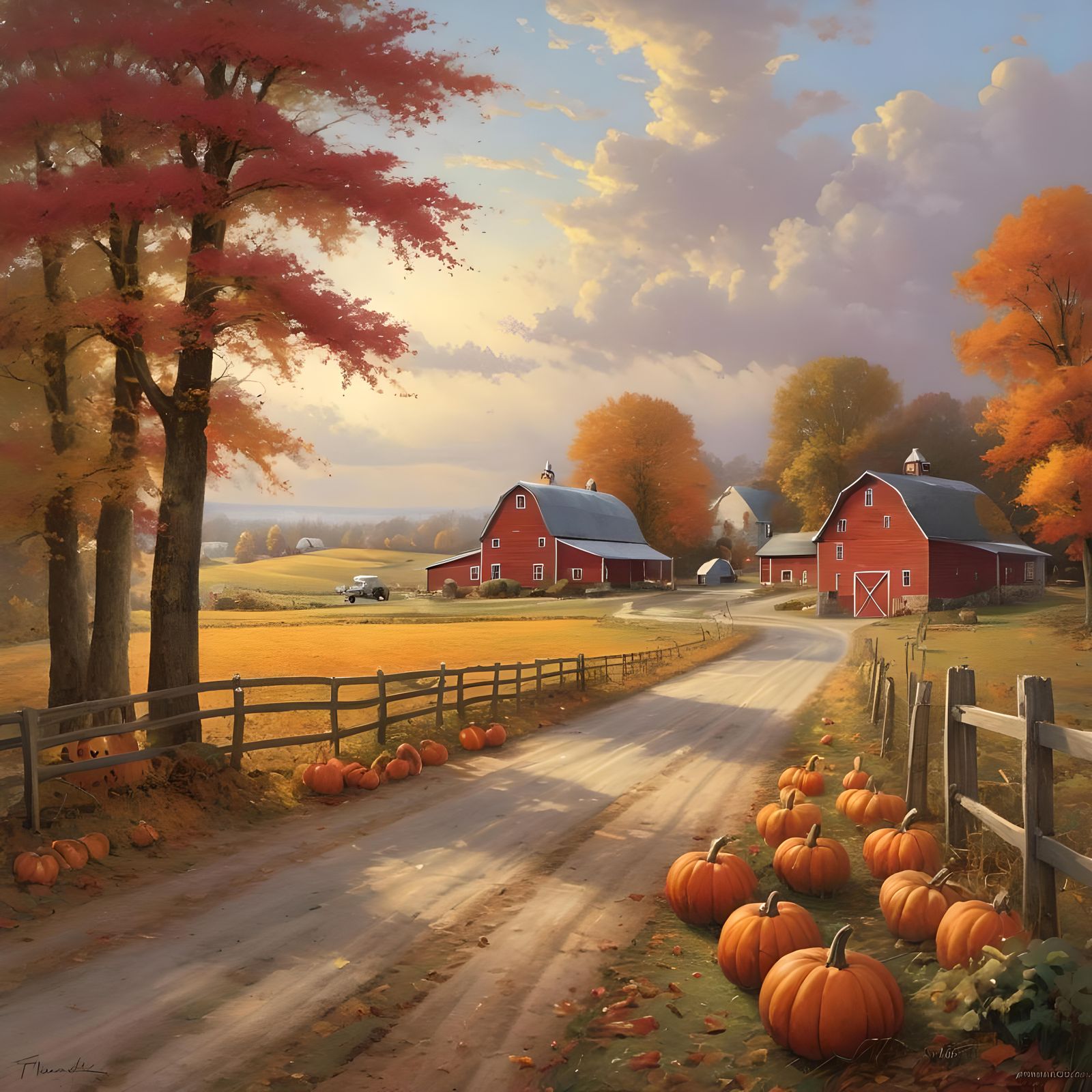 Autumn Farm Road Painting in Luminist Style