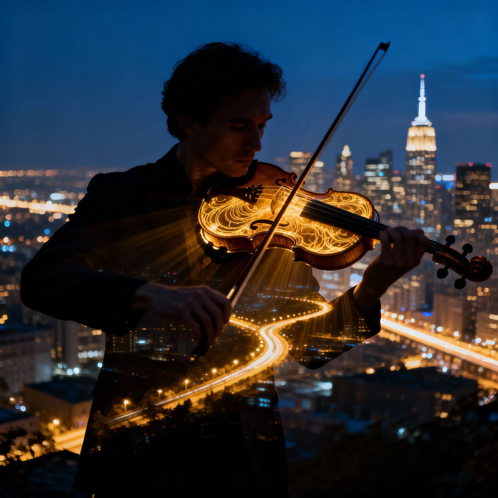 Violinist Merged with Glowing Cityscape in Fine Art Double E...