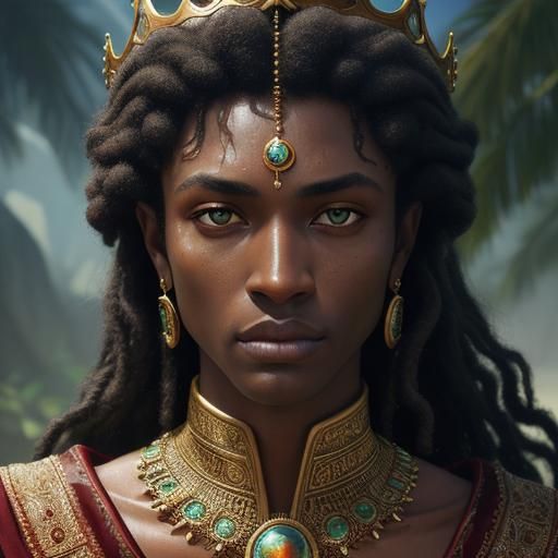 Ethereal Senegalese Prince with Green Eyes in Gouache Style