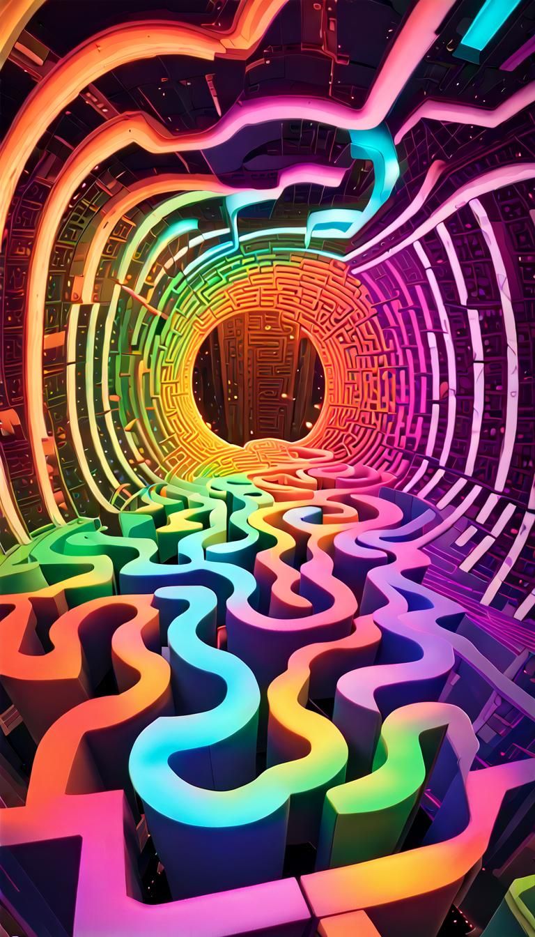 Glowing Spherical Maze in Psychedelic Fractal Art