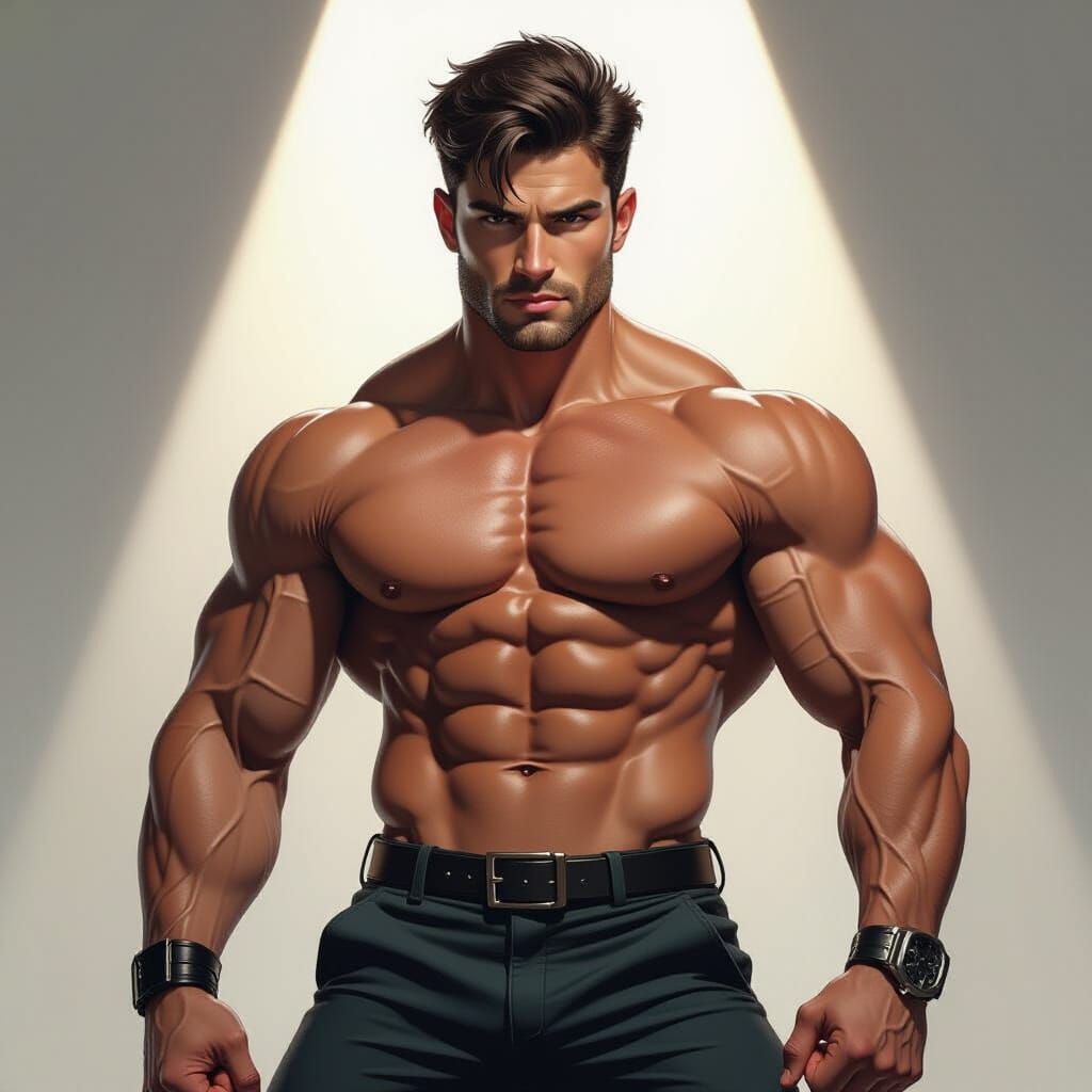 Heroic Muscular Man Posing with Comic Book Flair