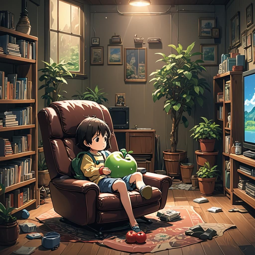 Chibi Apple Watches TV in Ghibli Anime Style