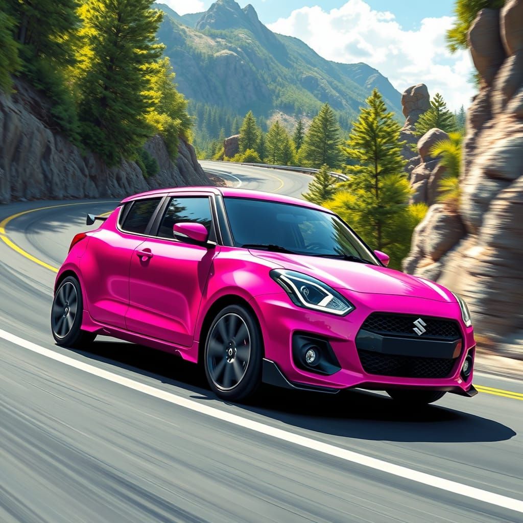 Hot Pink Suzuki Swift Speeds Down Mountain Road
