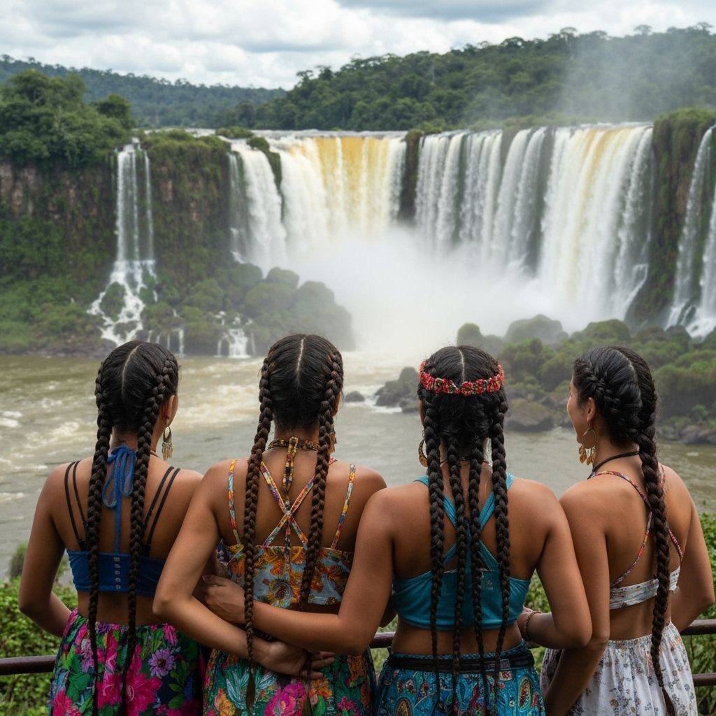 Joyful Women at Iguazu Falls: A Photo-Realistic Image