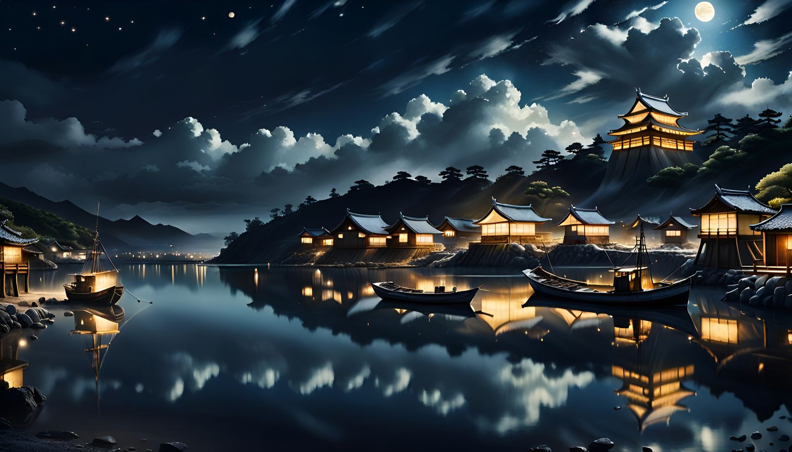 Medieval Japanese Fishing Village at Night, Surrealism