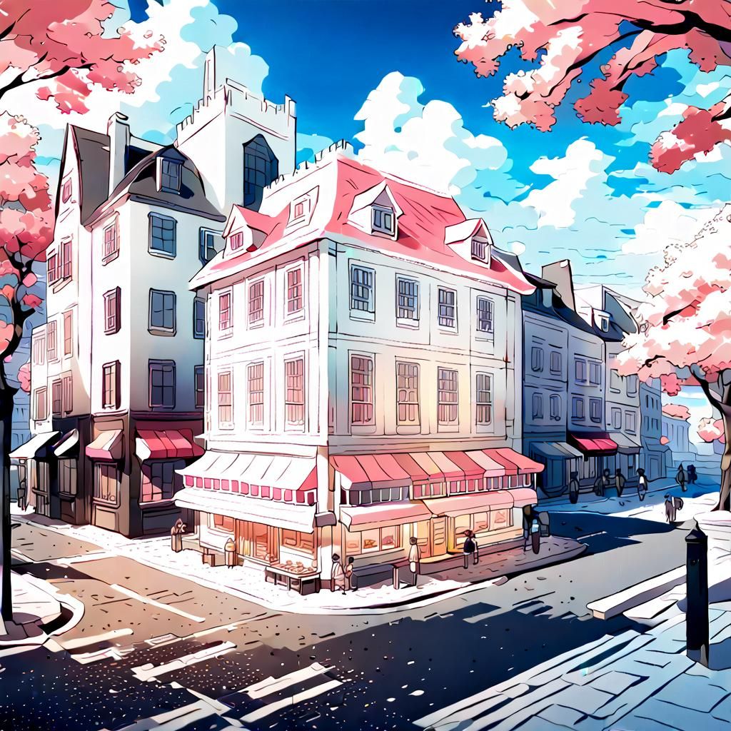 Pastel Cake House in Anime Style Cityscape