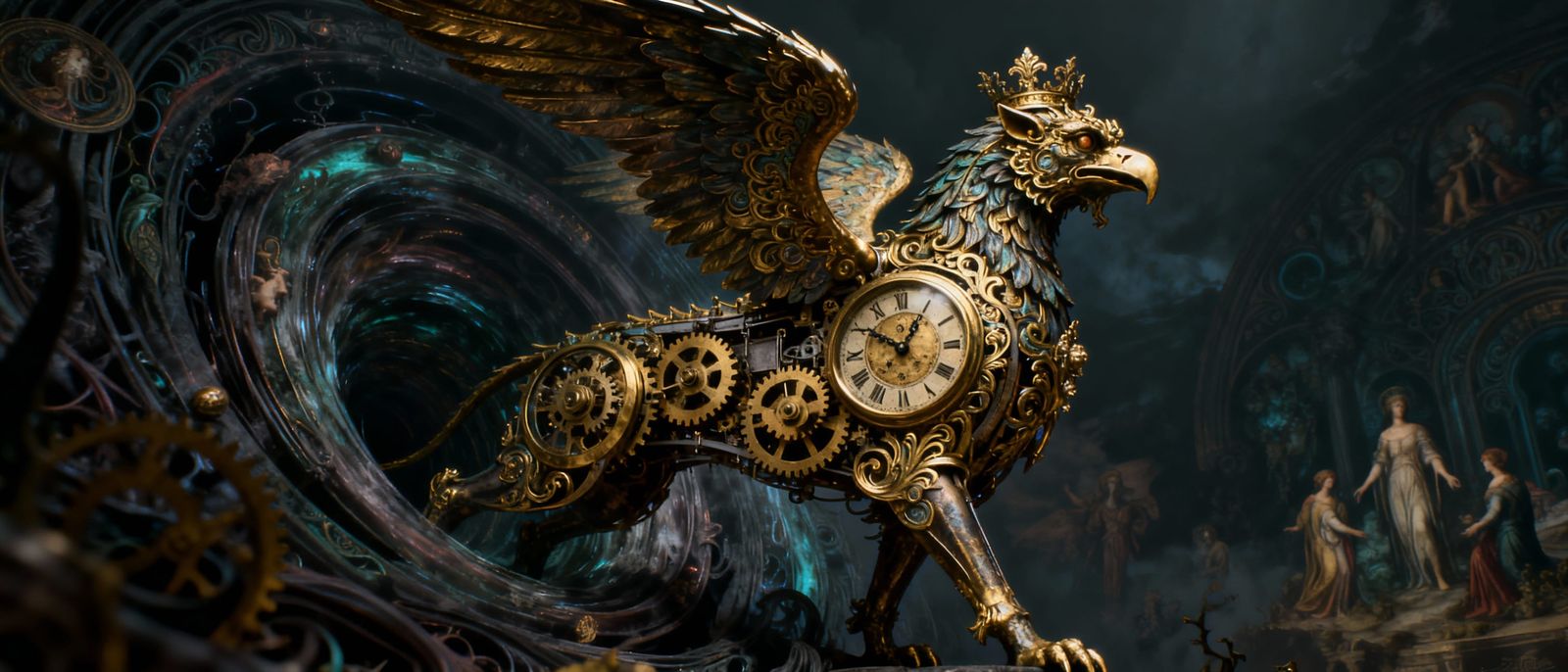 Clockwork Griffin Emerges from Surreal Void