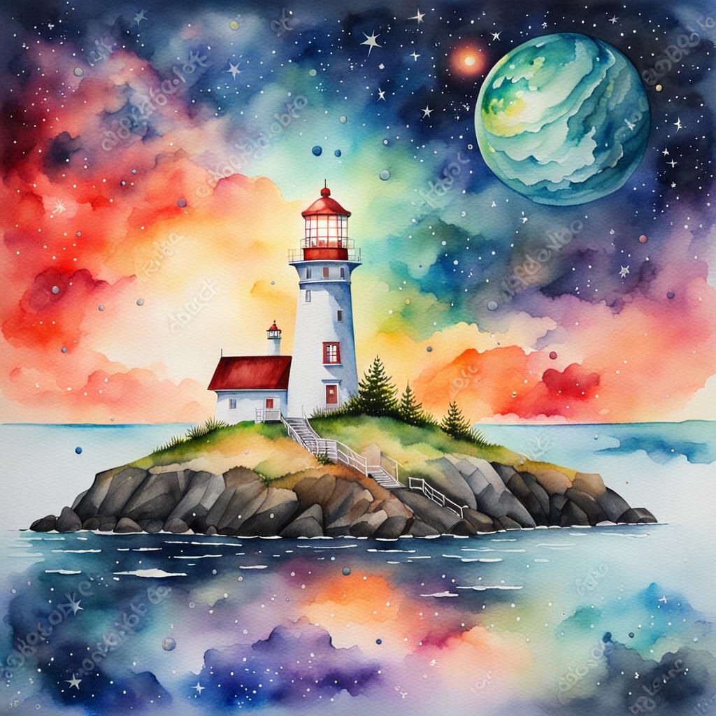 Watercolor Lighthouse Under a Galaxy Sky