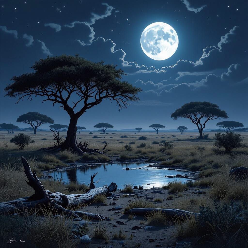 Moonlit African Savannah: Black and White Night Photography