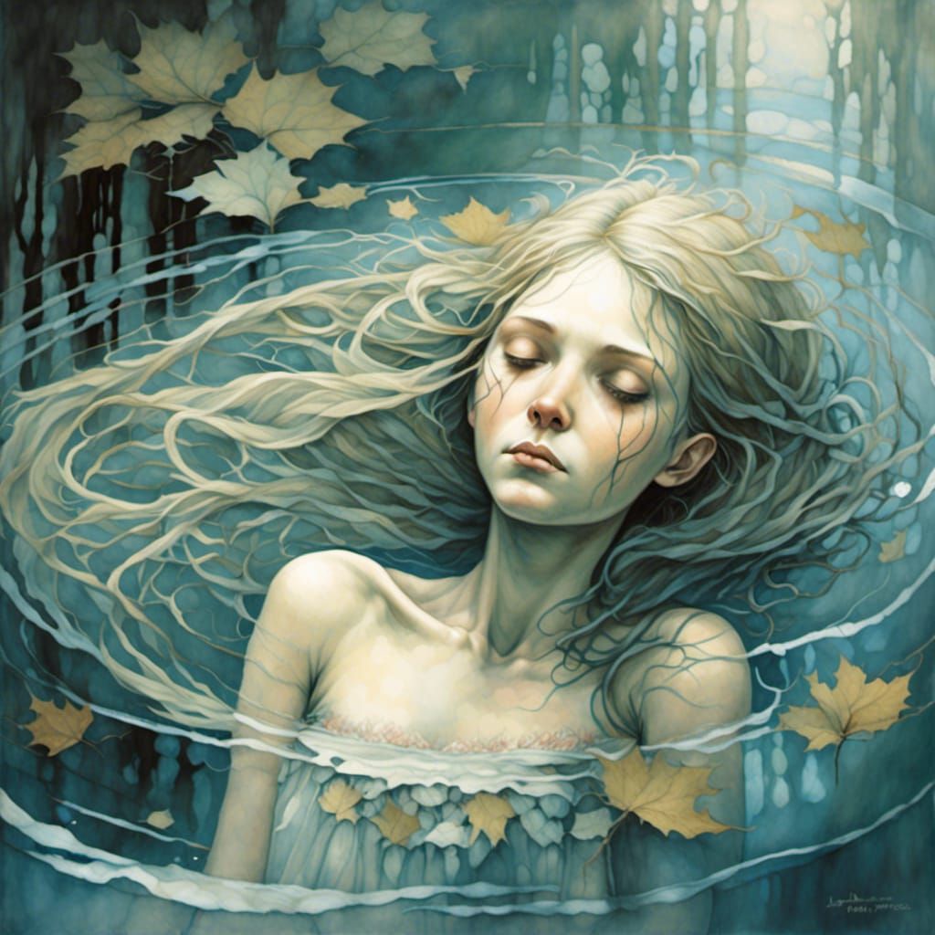 Ophelia Drifting: Ink and Brush Style