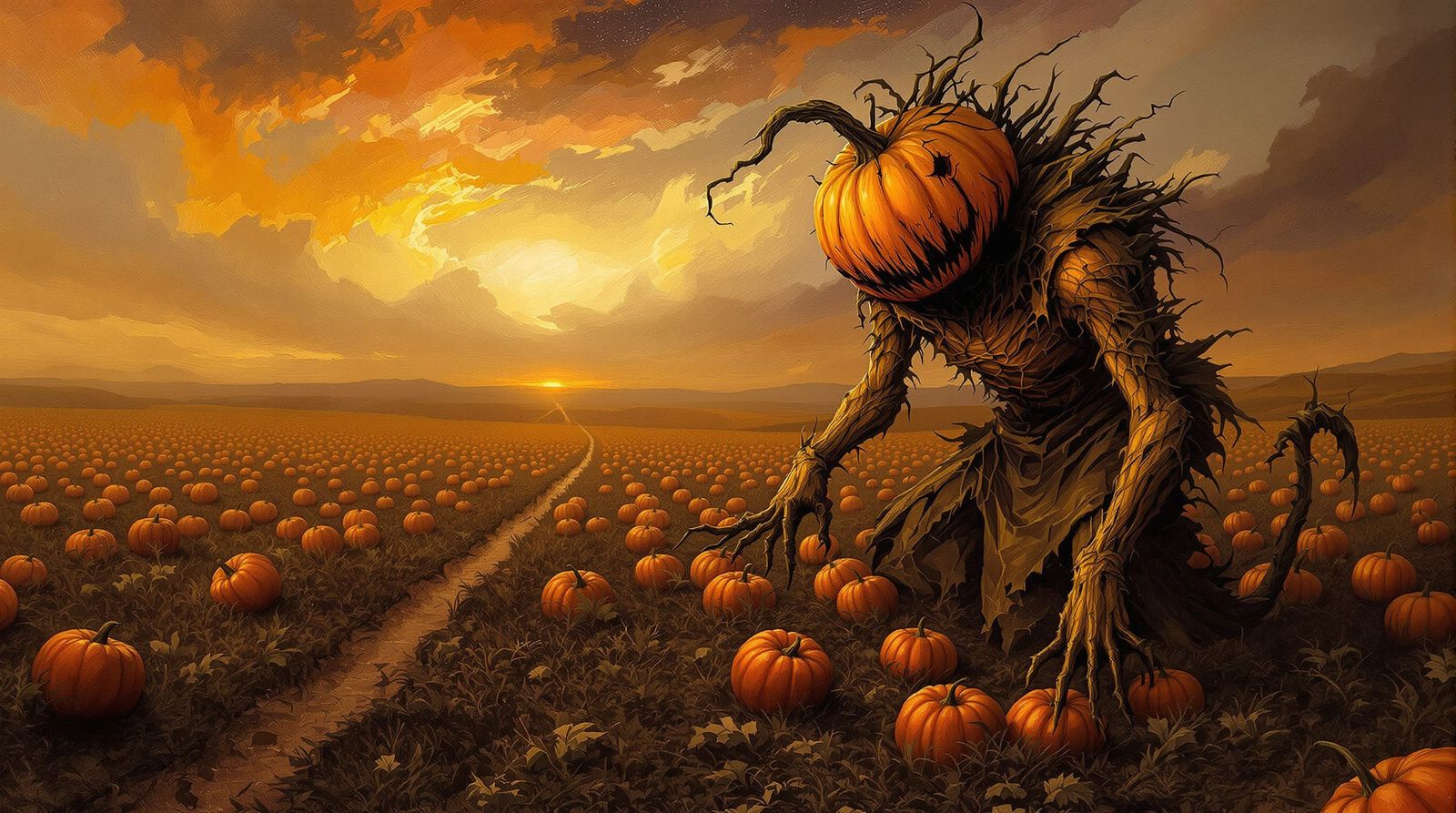 Surreal Pumpkin Creature in Abstract Sunset Harvest
