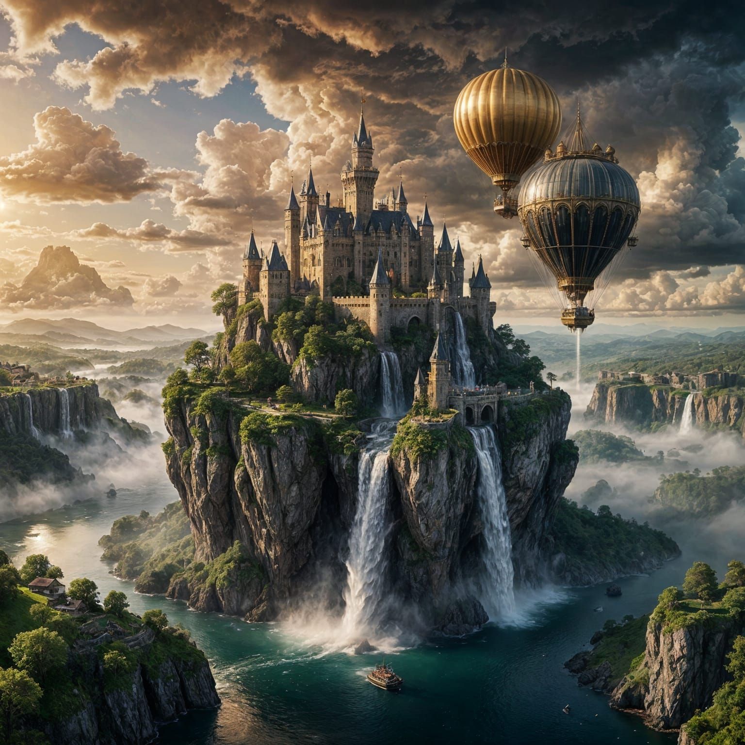 Medieval Castle on Floating Island with Airship