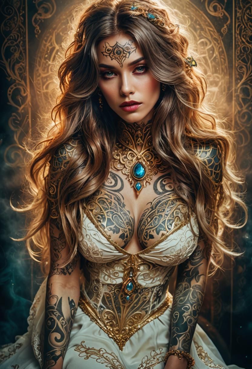Mysterious Woman with Tattoos: A Digital Fantasy Portrait