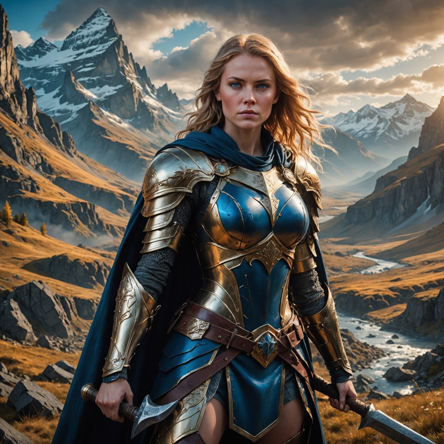 Imposing Blonde Warrior in Fantasy Landscape