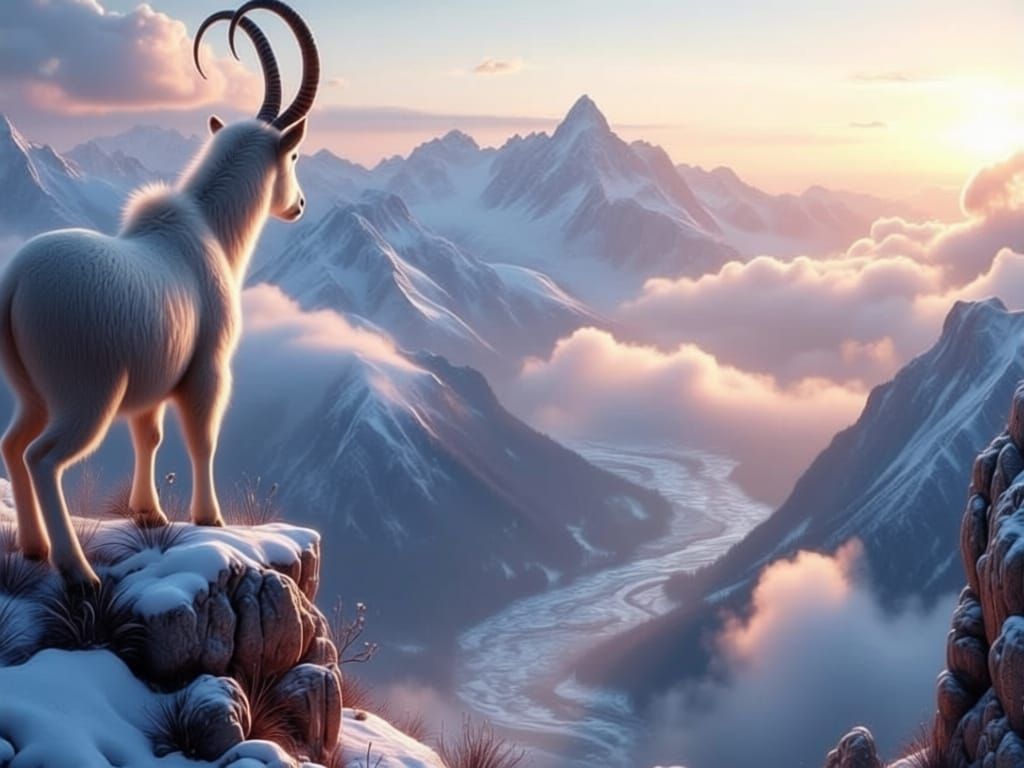Rocky Mountain Goat Views Snow-Capped Peak and Ethereal Vall...