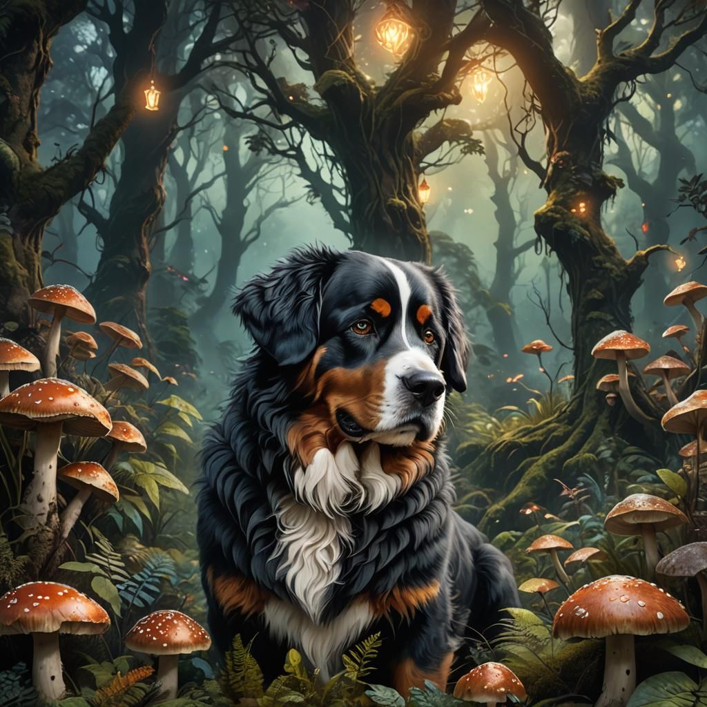 Mystical Bernese Mountain Dog Portrait in Fantasy Forest