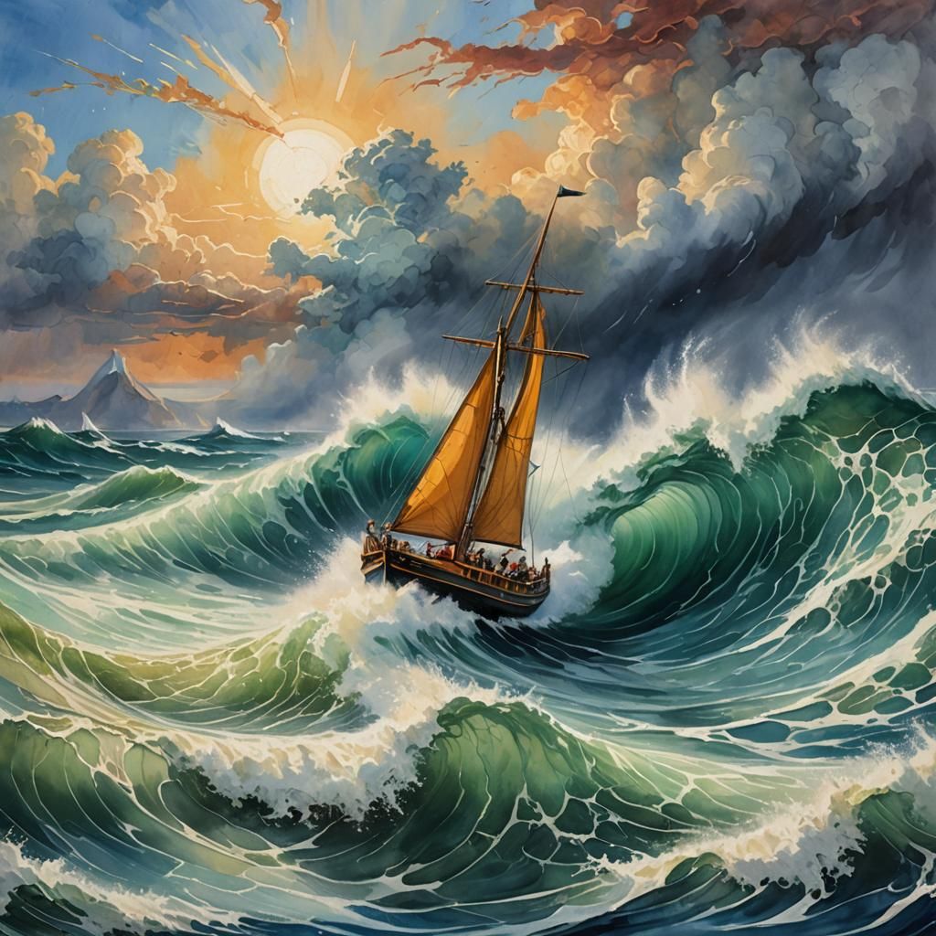 Colorful Tidal Wave in Gouache Impressionist Style