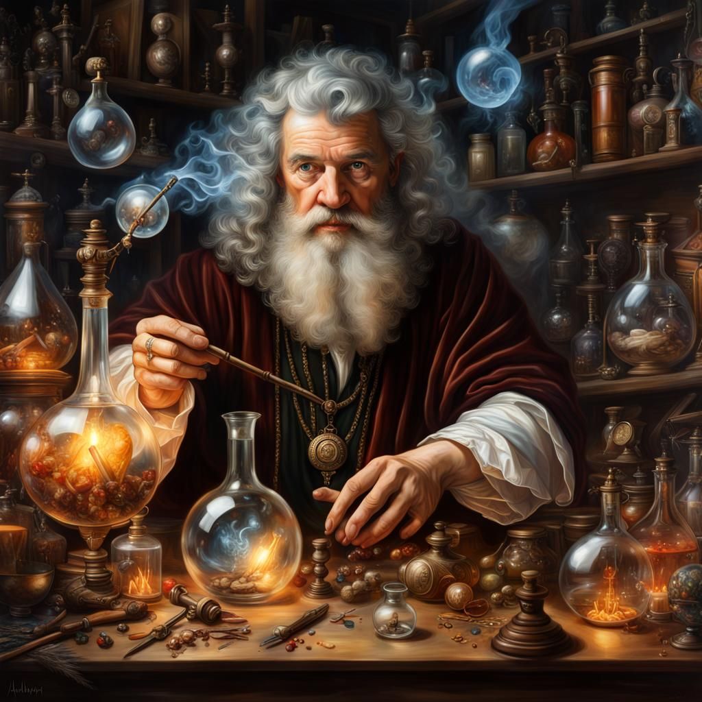 Maximalist Portrait of Merlin in Alchemy Lab