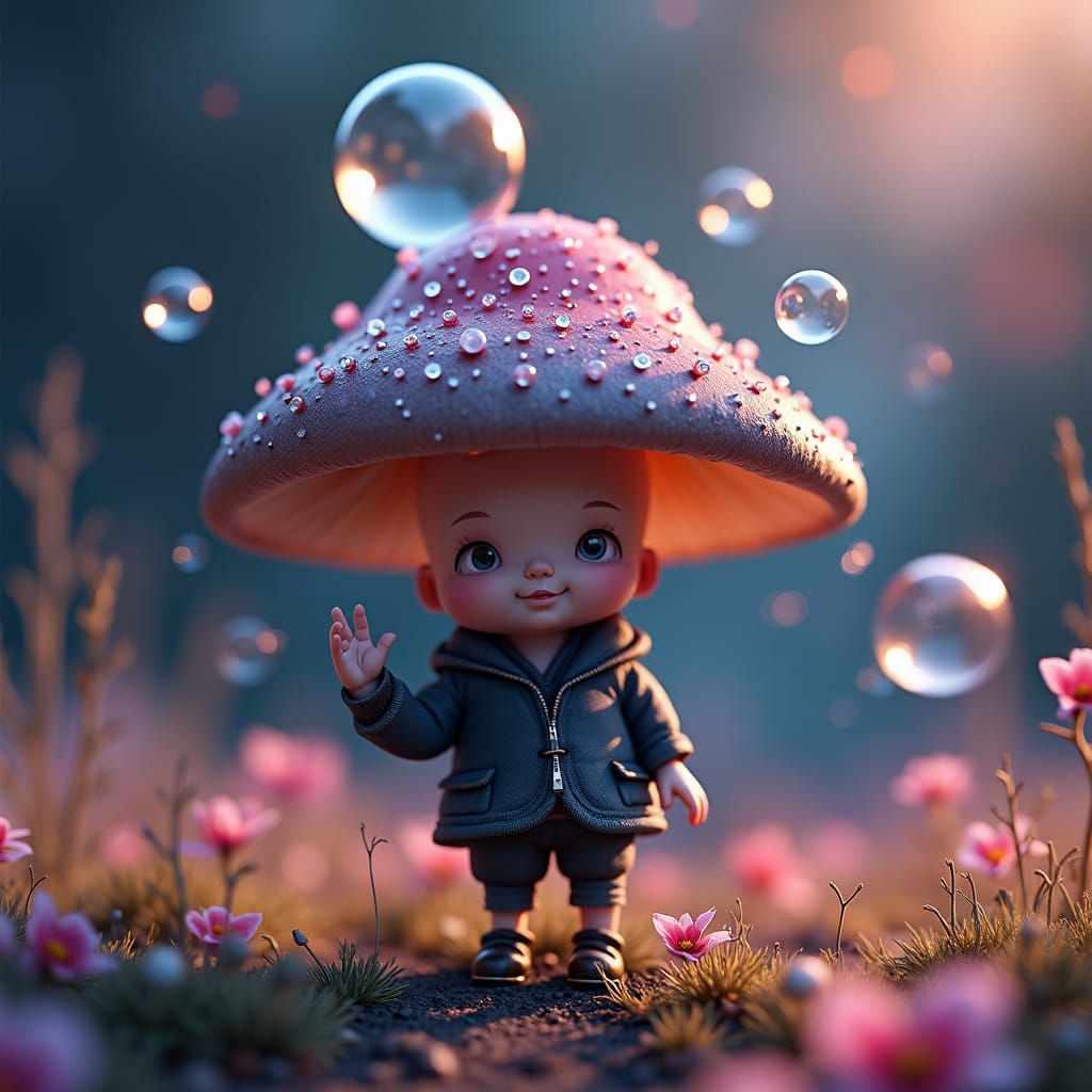 Mushroom Sprite Popping Bubbles in Astral Landscape