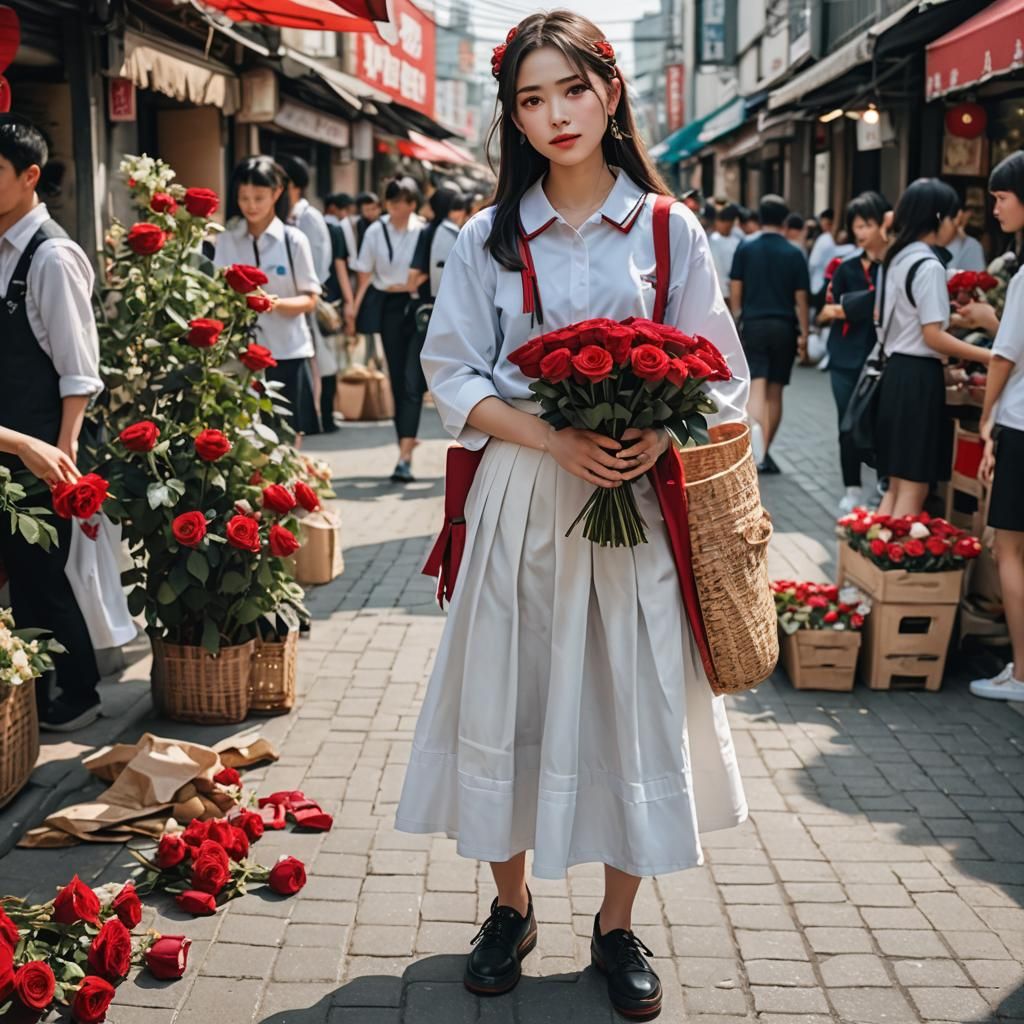 Japanese Student with Roses in Street Market