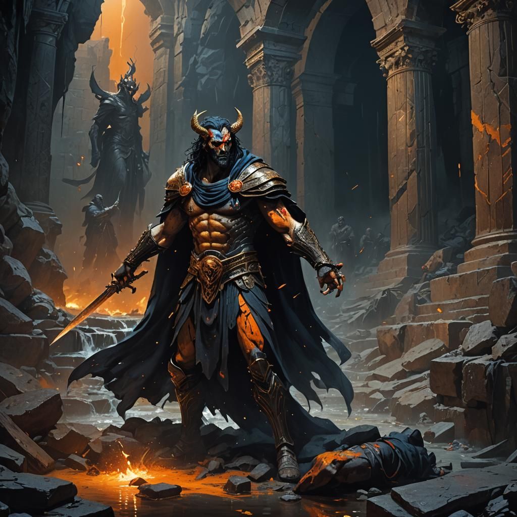 Hades Stabbed in Dark Underworld: Fantasy Concept Art