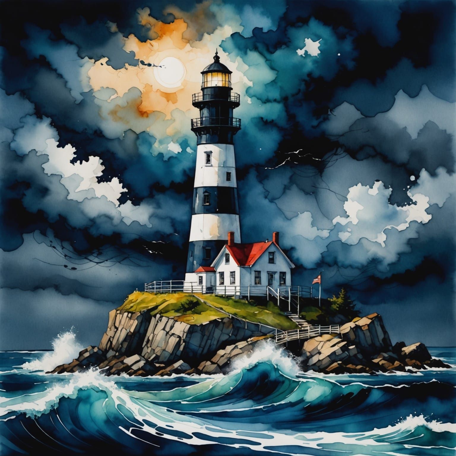 Lighthouse in Stormy Weather as Alcohol Ink Painting