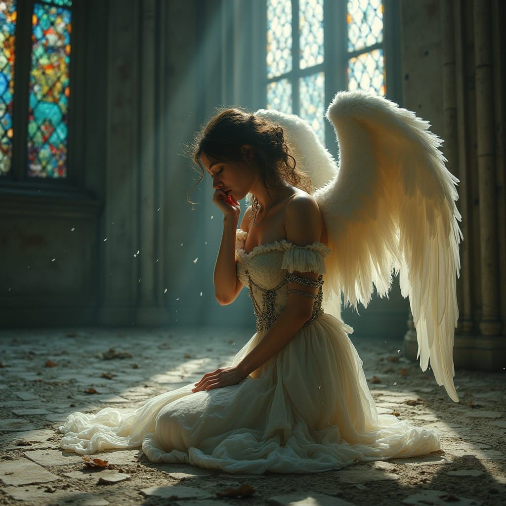Sorrowful Angel in Ruined Cathedral, Dark Fantasy Art